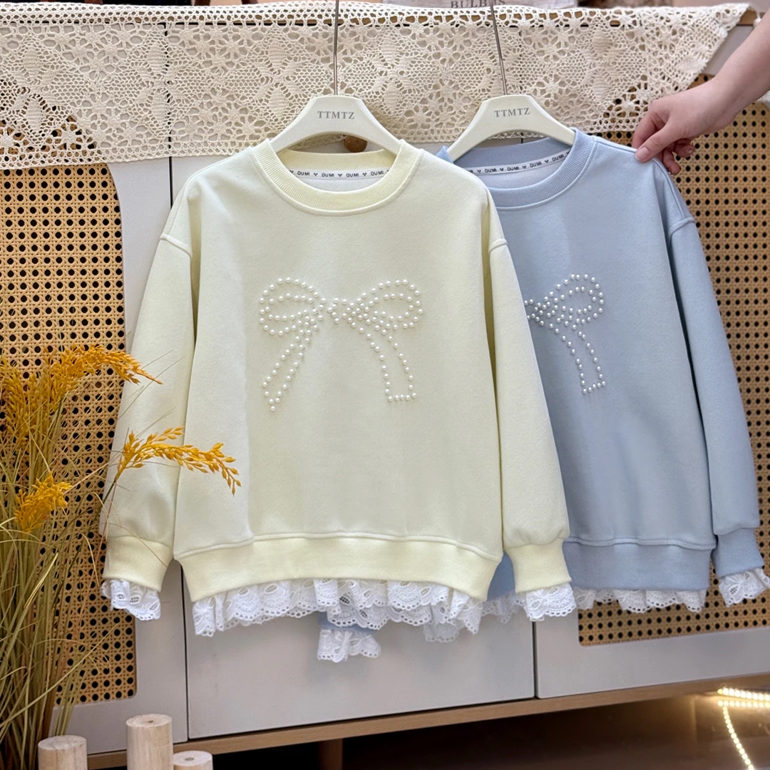 【高品质卫衣】女童珍珠蝴蝶结蕾丝花边上衣卫衣1746