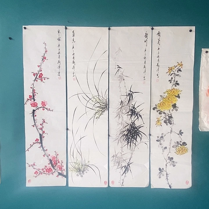 国画手绘四条屏作品