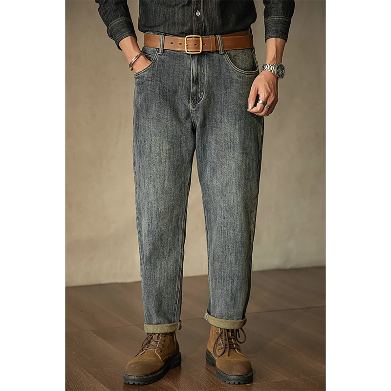 工装水洗做旧弹力丹宁牛仔裤美式复古锥形宽松直筒裤男士春秋季