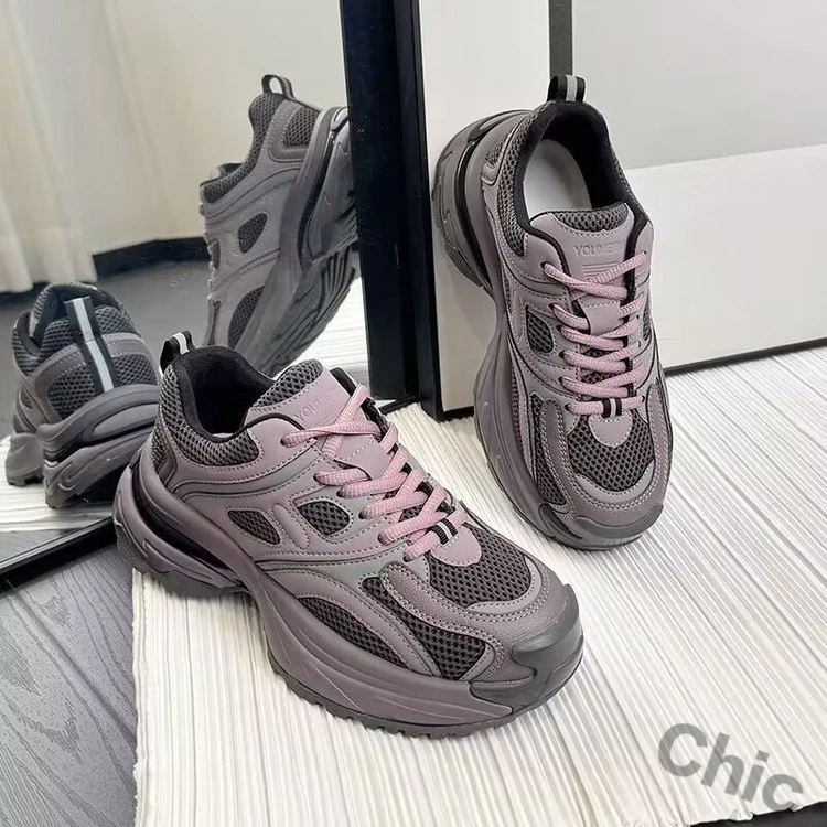 复古灰色老爹鞋女款2024秋季新款网面透气显脚小休闲运动鞋子