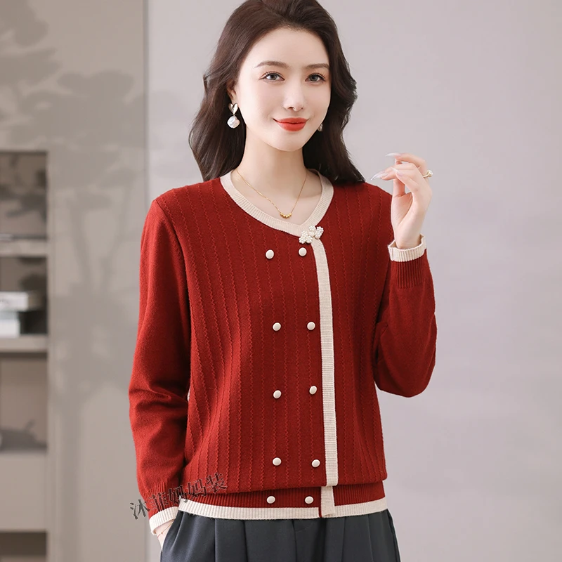 2025新款高级感小香风针织衫女春秋上衣法式红色毛衣短款打底衫