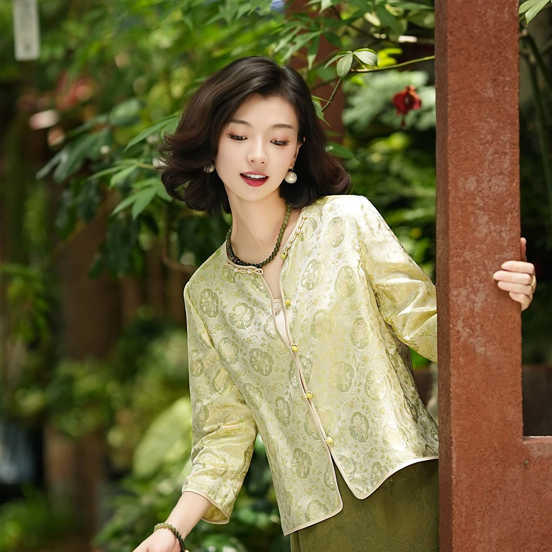 西子/【花献瑞】23姆米桑蚕丝绿萝对花四时名花浅草绿外套/WTTJ279