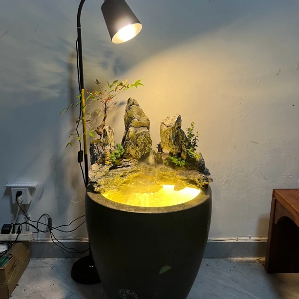 青龙石假山鱼缸流水生财古法缸绿植茶室摆件