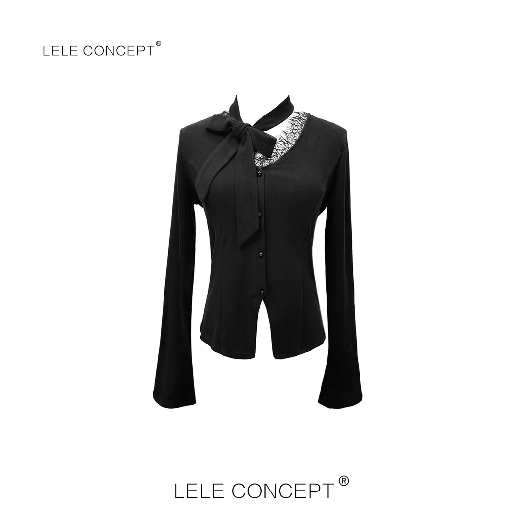 LELE CONCEPT |「夭夭」轻奢复古港风飘带V领系扣上衣S0610