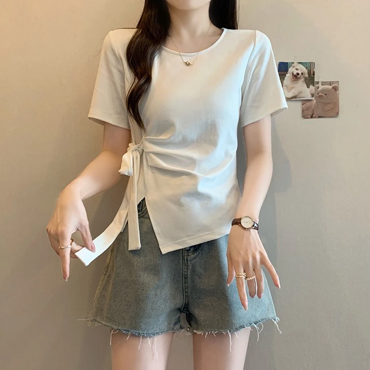 大码女装设计感绑带不规则短袖t恤女夏装遮肚子显瘦百搭别致上衣