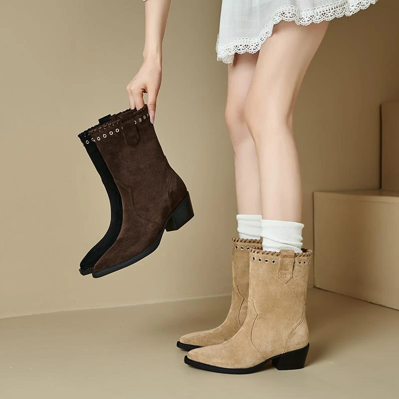 复古高跟马丁靴女2025新款秋季绒面堆堆短靴厚底西部骑士靴中筒靴