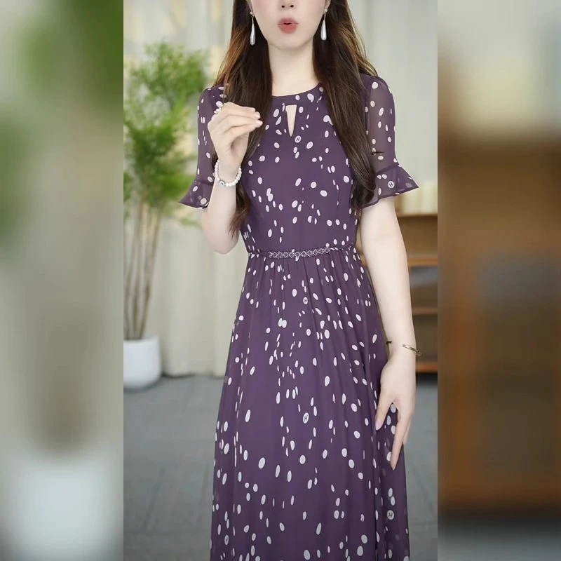 今年流行时尚印花雪纺连衣裙女2025新款爆款收腰减龄过膝a字裙夏