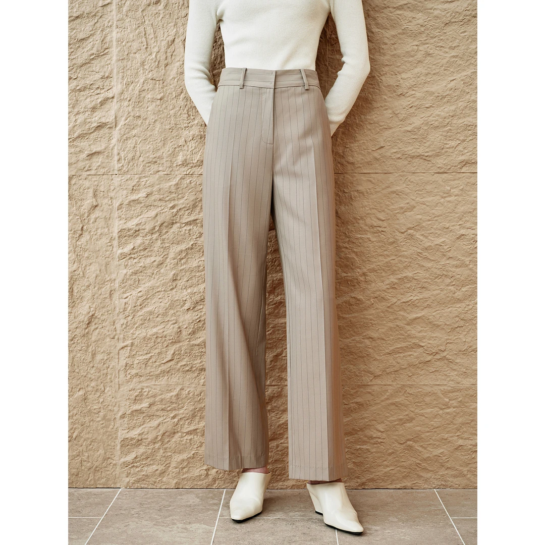 INSUN恩裳专选春秋款时尚轻商务条纹直筒西装裤9C64320040