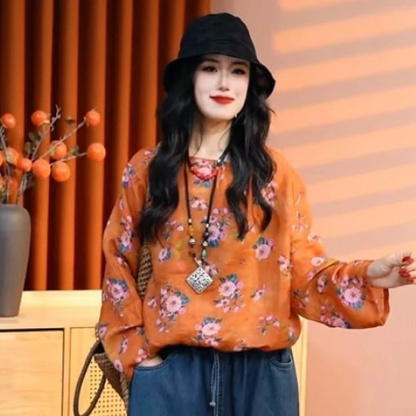 【乔一推荐】2025春季新款印花中式显瘦苎麻中长款女上衣26004