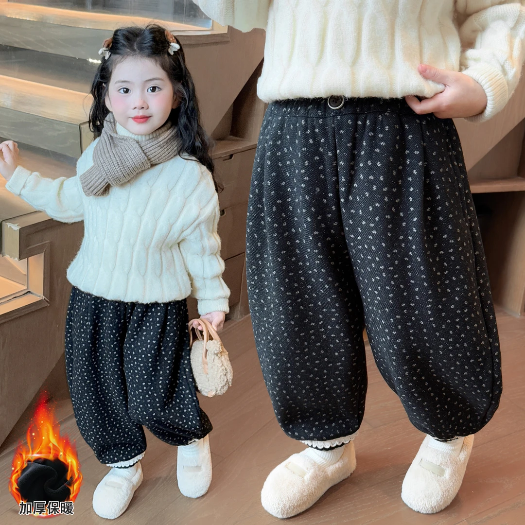 小女童裤子休闲冬季卡通休闲裤圆点加厚洋气舒适时尚宝宝加绒碎花