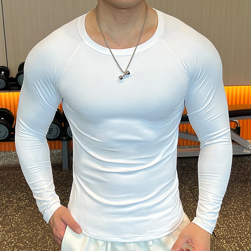 健身长袖男士秋冬圆领休闲健身衣运动弹力训练服上衣时尚纯色速干