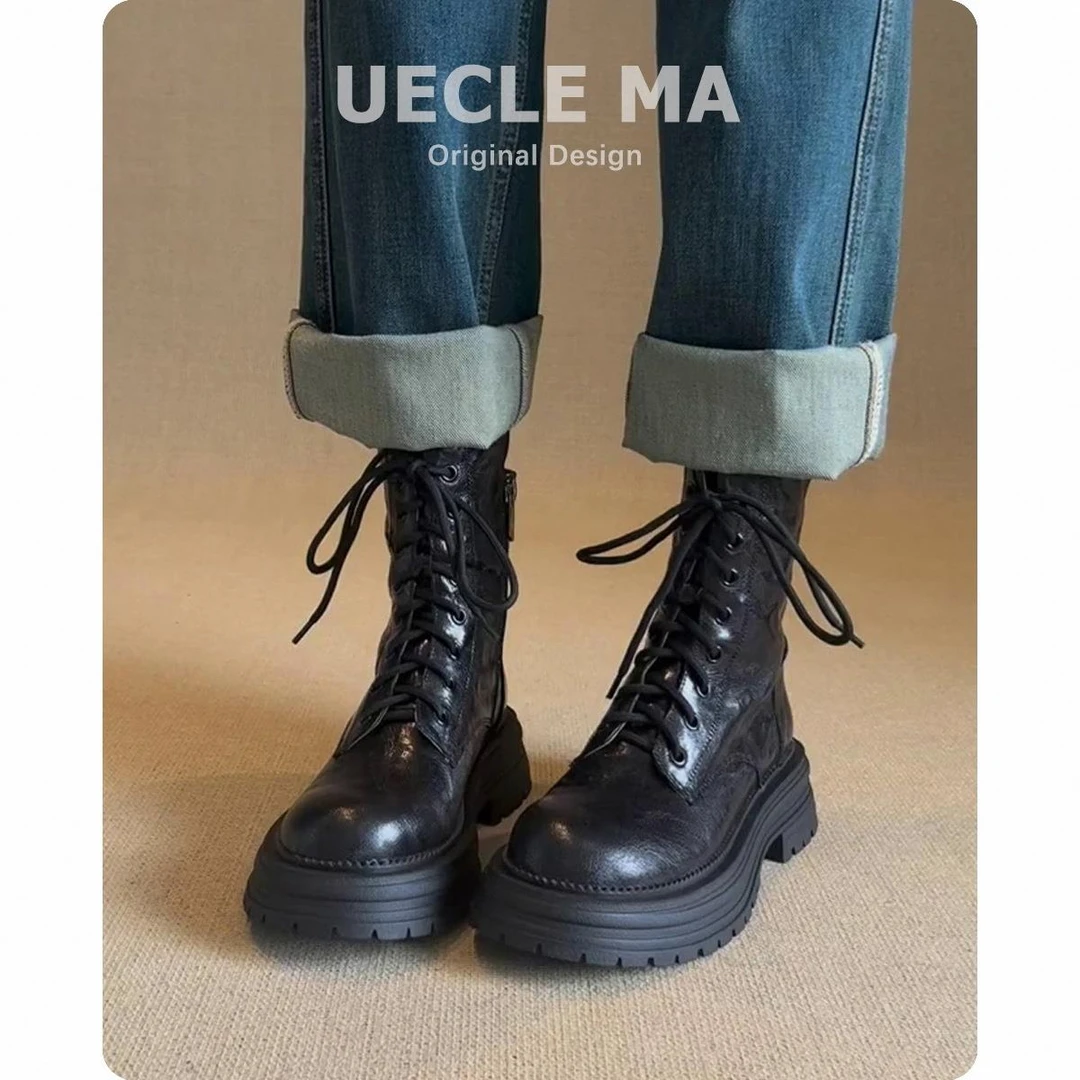 牛皮版~真皮厚底马丁靴女2025秋冬新款小个子英伦风酷飒系带短靴