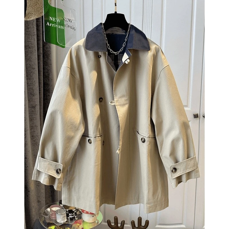 P730加棉加厚秋冬英伦风领口撞色中长款风衣女宽松休闲小个子外套