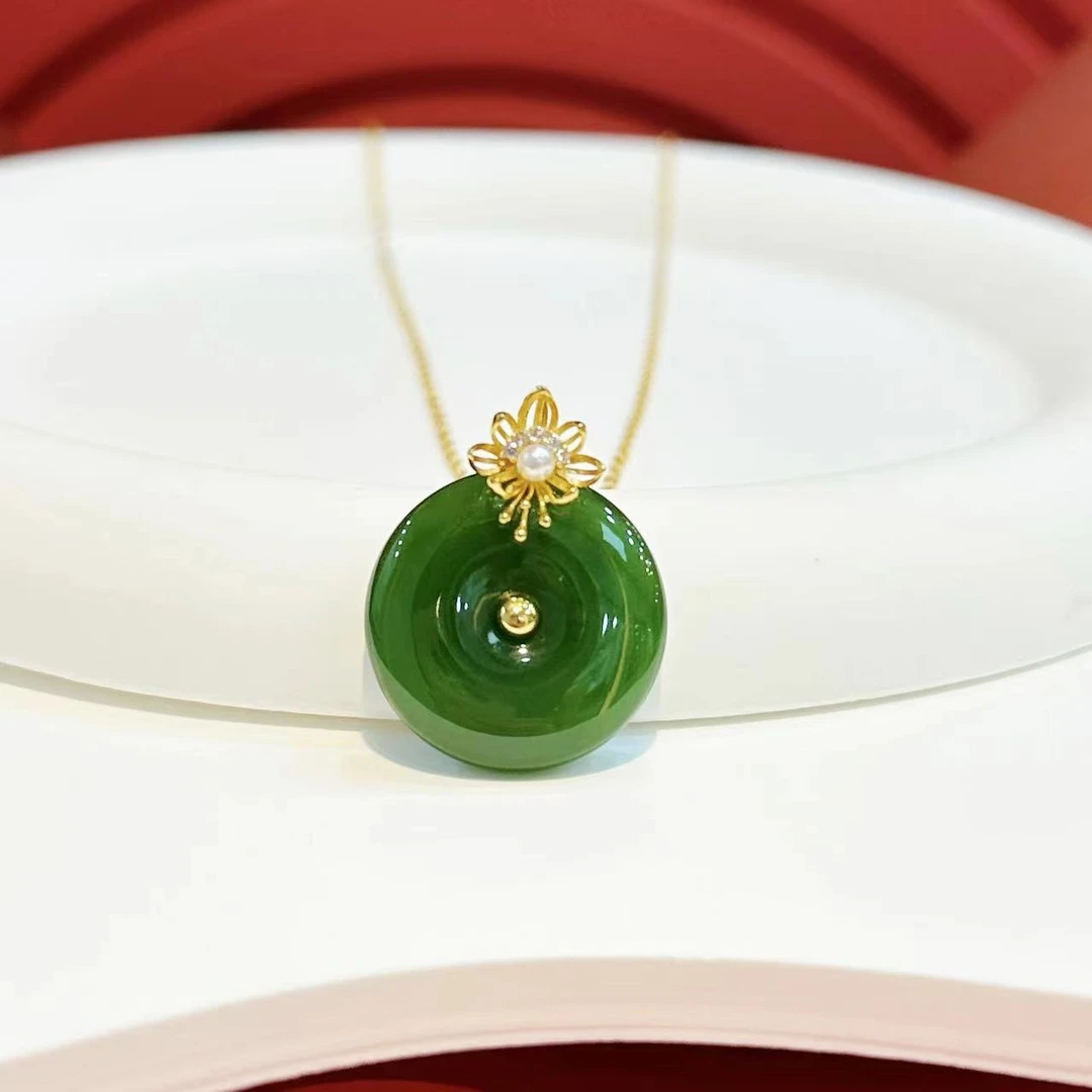 【红娘子】【海上生明月】18K金花镶嵌20mm碧玉平安扣HNZ6013