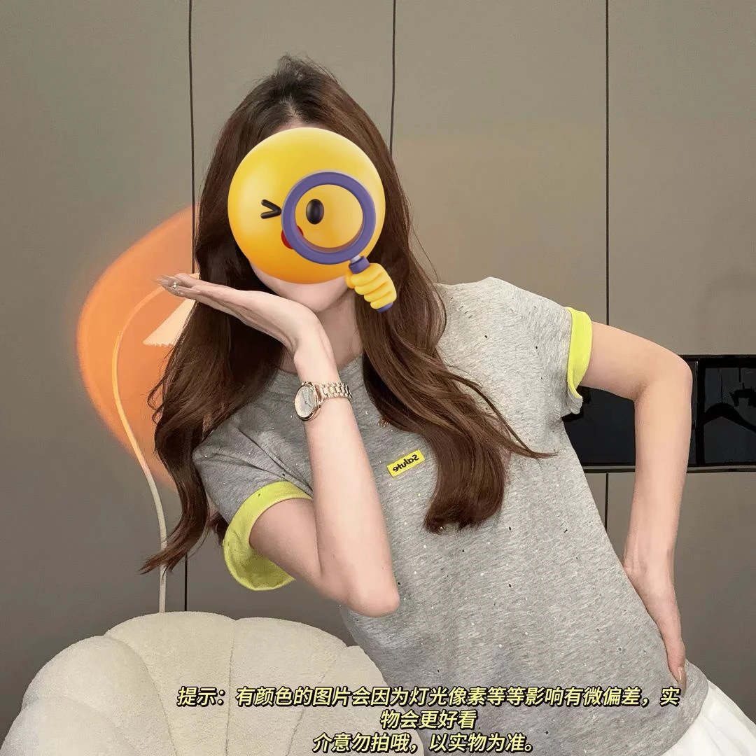 2025新款短袖 烫钻双色面料设计T恤女修身显瘦上衣2613#