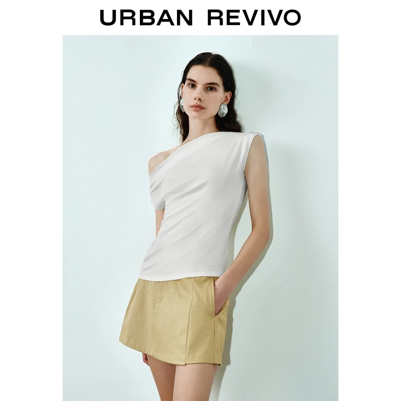 UR2025秋季新款女装简约时尚褶皱斜肩修身T恤UWG450187