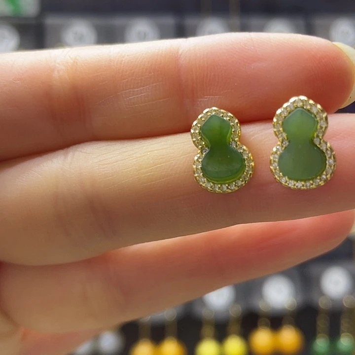 和田玉银S925镀金镶嵌耳饰