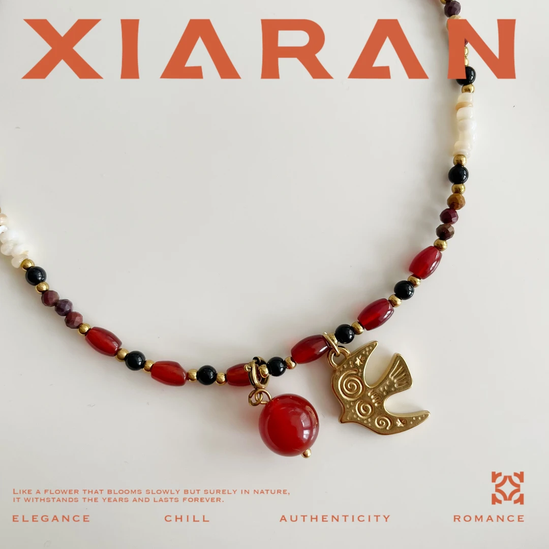 铜项链 「秋去」艳火小鸟串珠时尚百搭拼接撞色高配版坠链