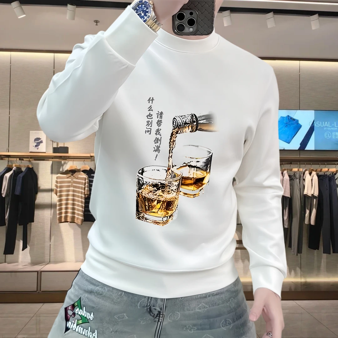 新款男士圆领加绒卫衣秋冬季潮流休闲百搭长袖时尚青年内搭上衣男