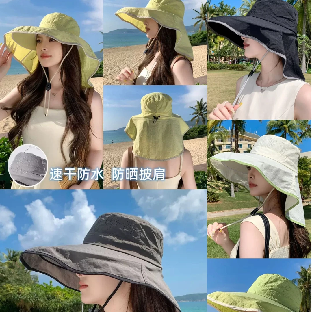 大帽檐披肩护颈速干防水渔夫帽登山钓鱼防晒帽夏季户外遮阳帽子女