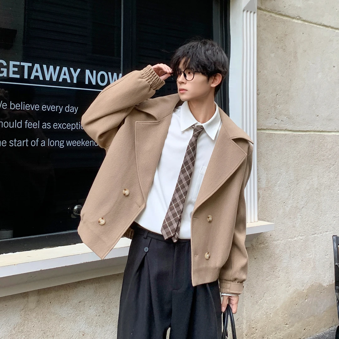 白口阳【奶茶慕斯】双排扣毛呢夹棉西装领短款休闲保暖外套男X391