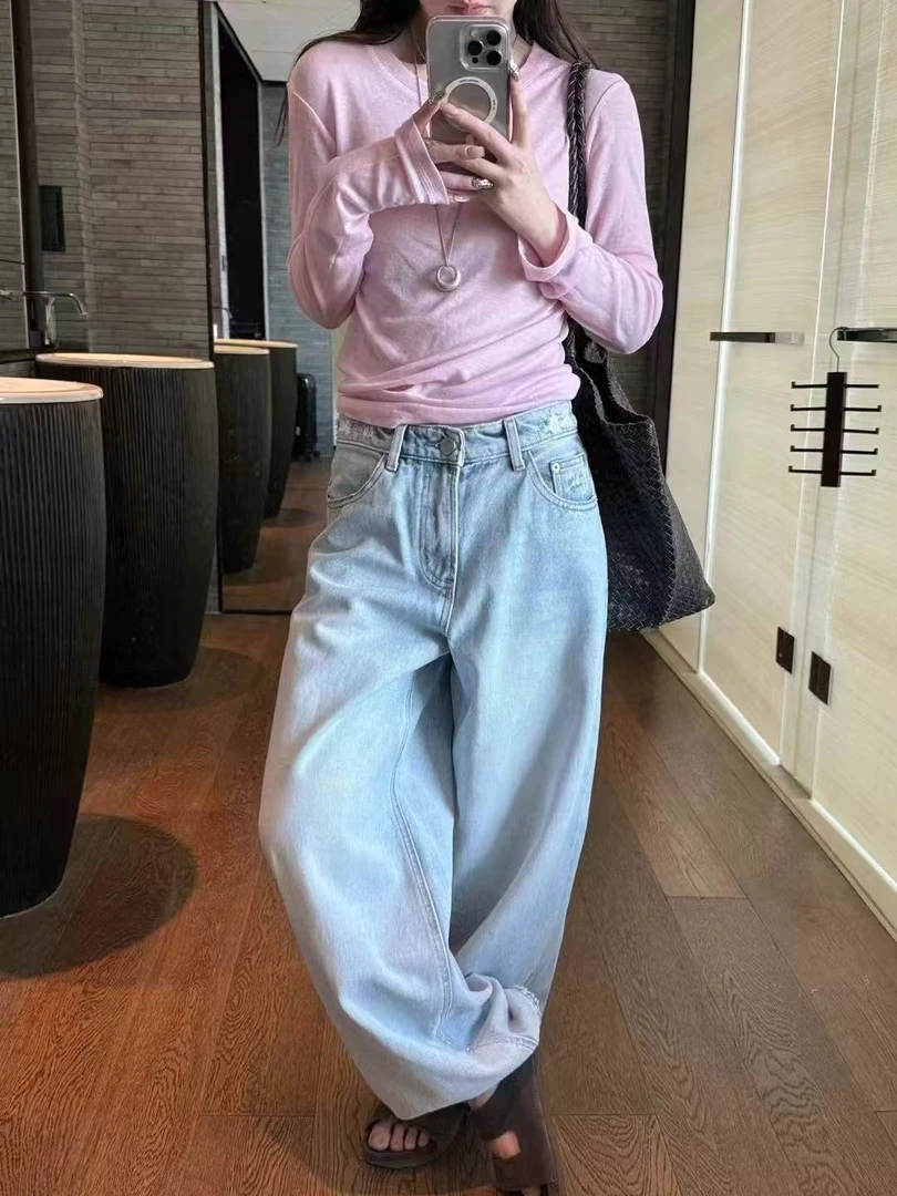 （库）GD#磨破设计水洗高腰阔腿裤#9567（裤长104cm 腰围68）