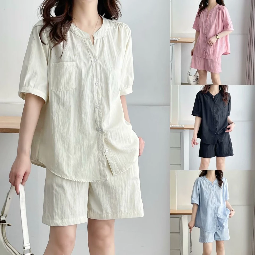 大码女装胖mm宽松新款两件套薄款显瘦套装短袖百搭休闲衬衫短裤夏