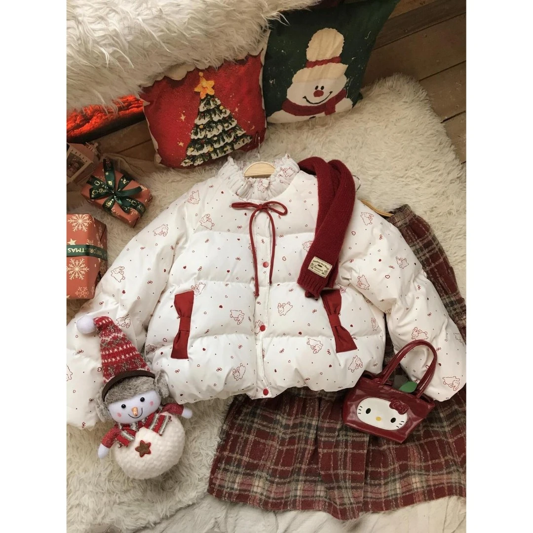 可爱慵懒风米白色兔子印花棉服女冬季学生甜妹保暖休闲宽松面包服