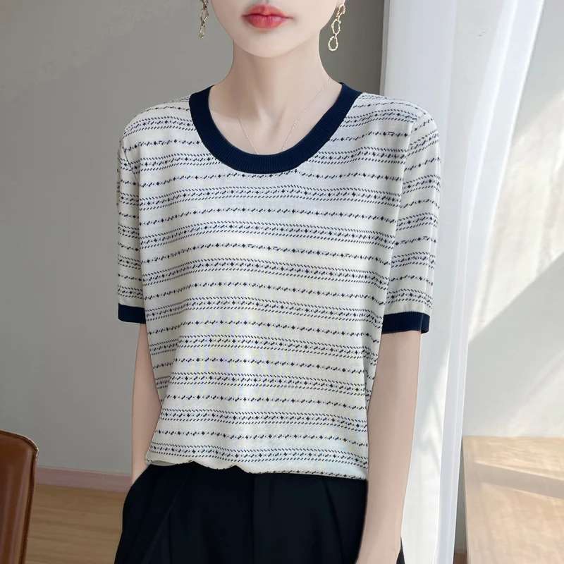 夏季新款100莱赛尔天丝拼色条纹圆领短袖时尚百搭凉爽透气针织衫
