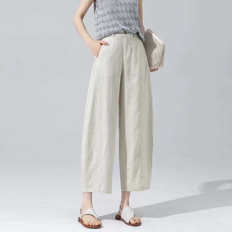 米白色灯笼裤女2025新款夏季薄款百分百纯亚麻裤子女小个子八分裤
