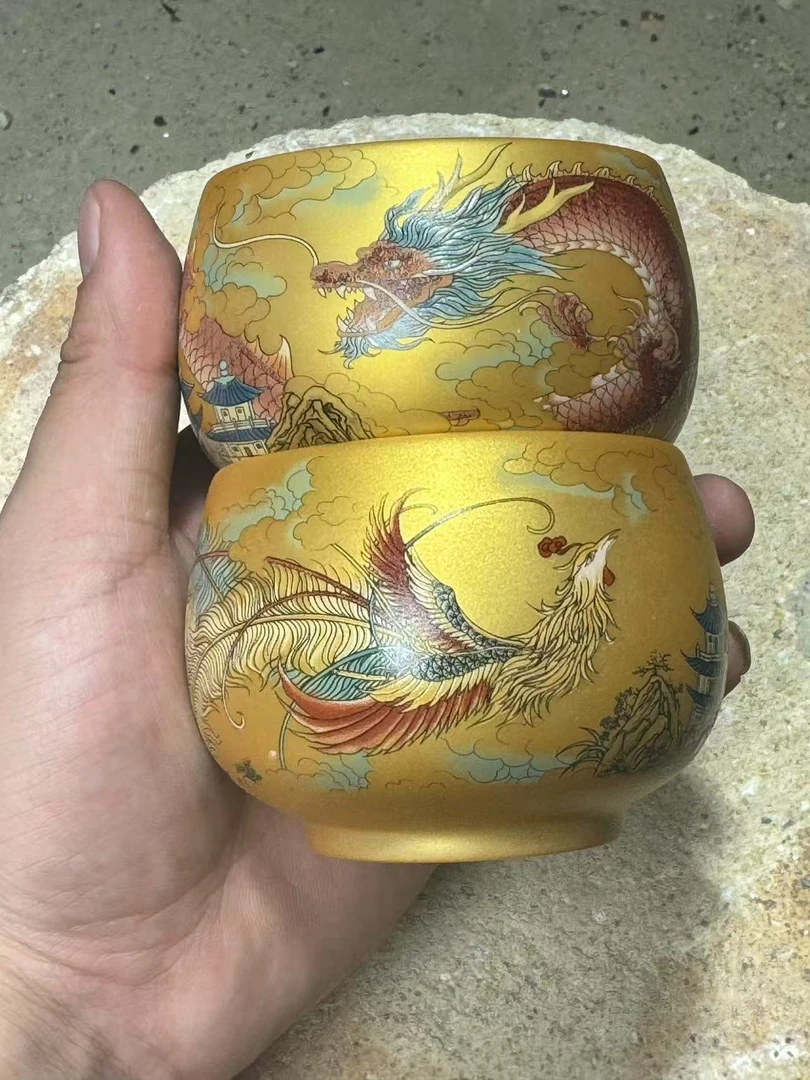 茶杯茶器 全金龙凤一对
