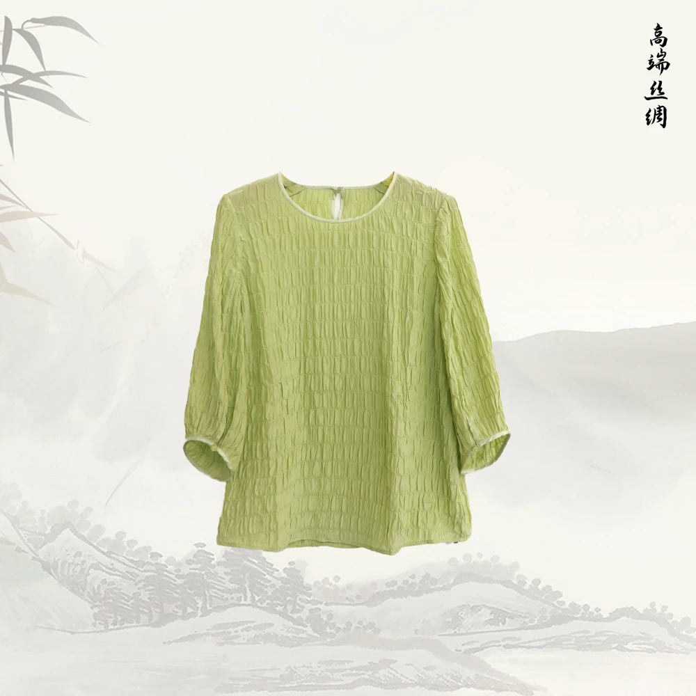 【织影】品牌新款桑蚕百搭时尚丝洋气泡泡灯笼袖宽松衬衫516159