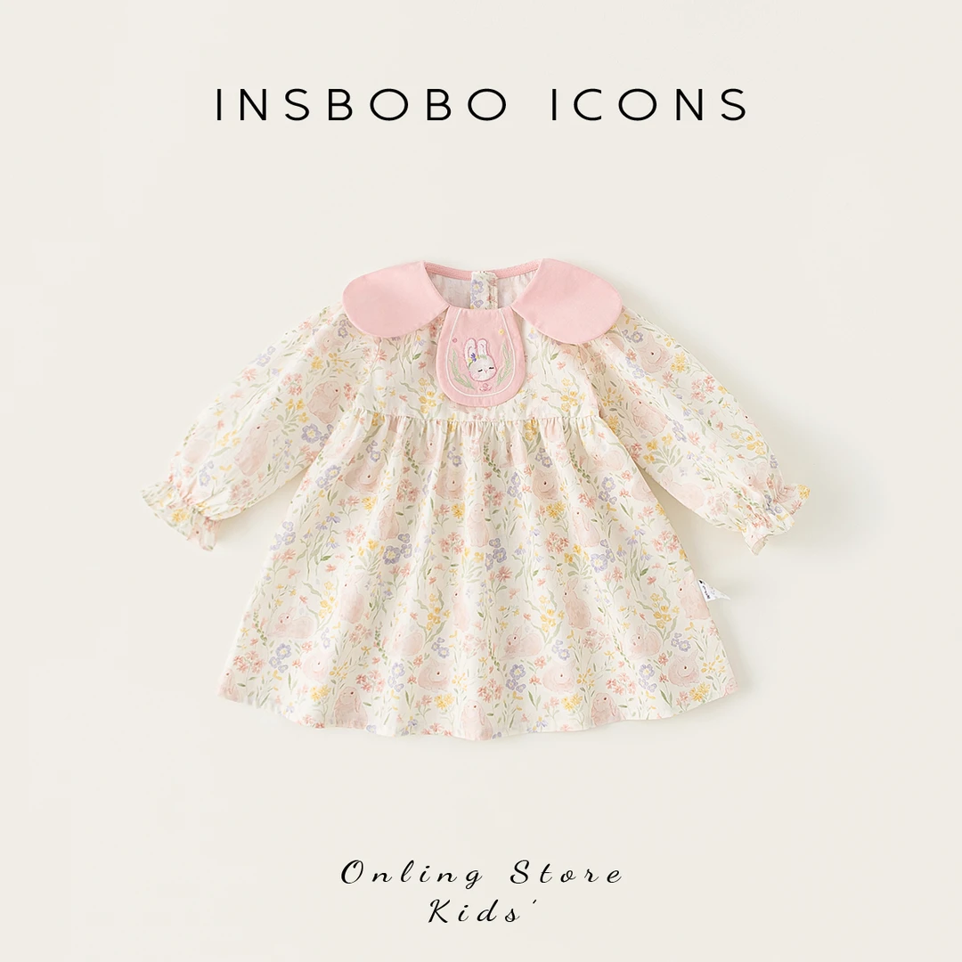 INSbobo女童连衣裙春季新品儿童裙子领子撞色满印连衣裙CQ25127