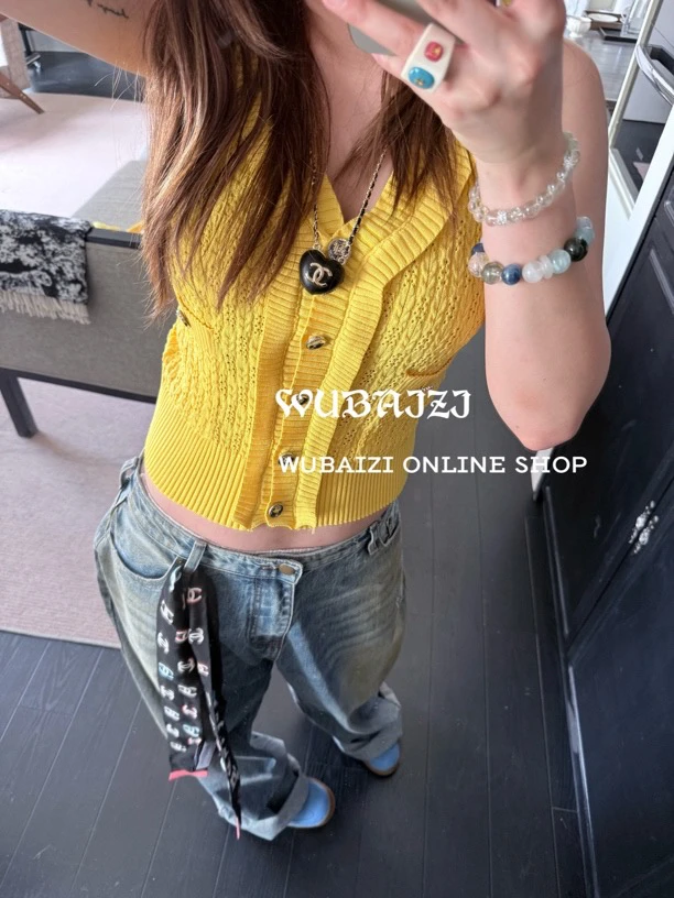 WUBAIZI【氧气多巴胺】黄色针织女无袖背心马甲M2581