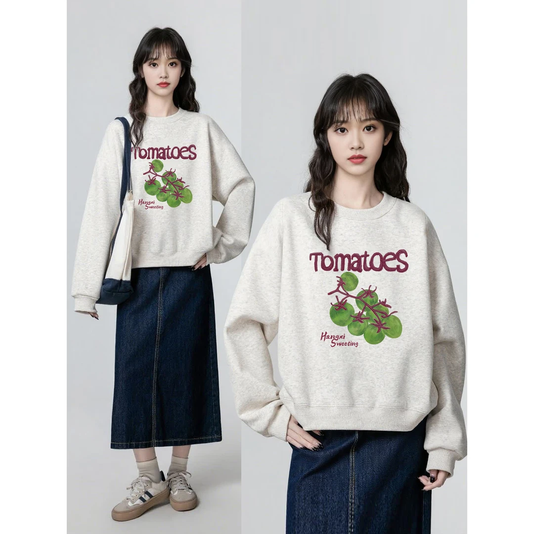番茄印花圆领正肩卫衣女秋冬2025新款慵懒风宽松加绒加厚大码上衣