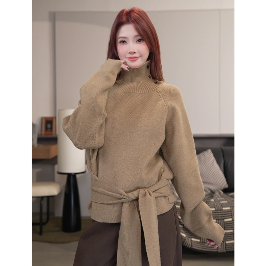 尔给秋冬新款高级别致绑带设计毛衣女保暖软糯厚实高领针织上衣