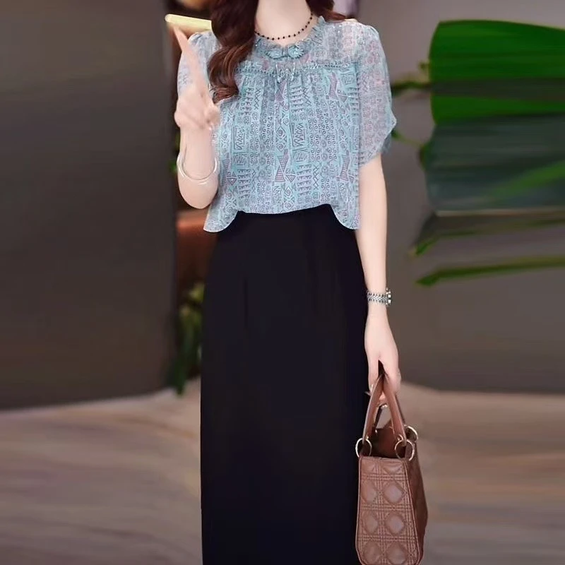 5341#高档妈妈装假两件连衣裙2025夏季新款国风显瘦遮肚裙子