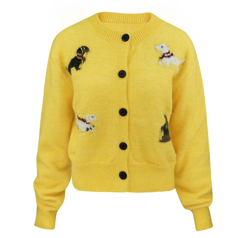 JUNGLE ME秋冬圆领小狗毛针织开衫女黄色显白毛衣长袖时尚休闲