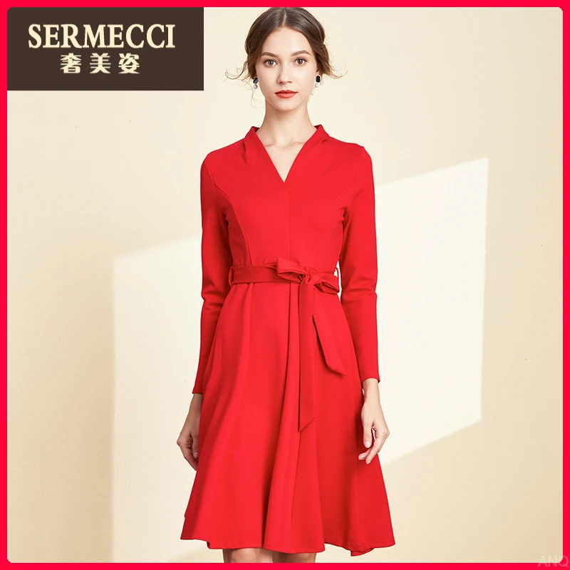 新款修身气质V领连衣裙2025秋季红色赫本风小红裙中长款A字裙