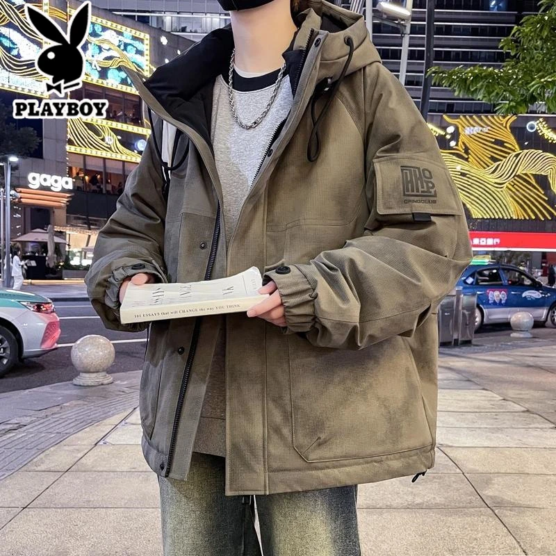 花花公子三防羽绒服男冬季轻薄连帽外套男加厚高级感休闲工装棉衣