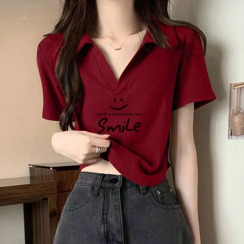 夏季红色polo领短袖T恤女2025年短款收腰修身打底设计感翻领上衣