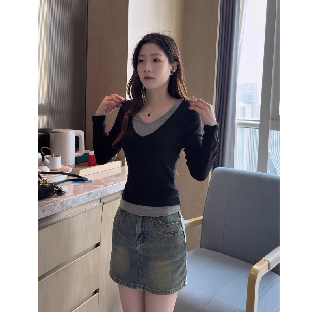 2025新款假两件拼接长袖t桖女春季修身显瘦设计感上衣+高腰牛仔裙