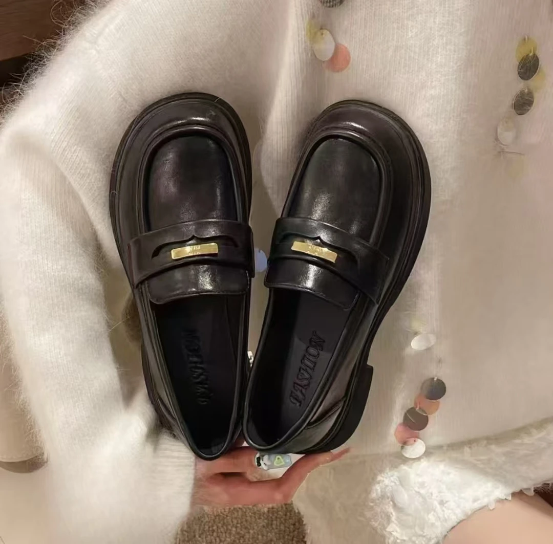 小敏家 春季新款厚底乐福鞋 百搭舒适软皮一脚蹬英伦风小皮鞋