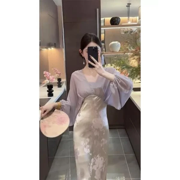 提花连衣裙长裙新中式连衣裙短袖新中式碎花国风拼接