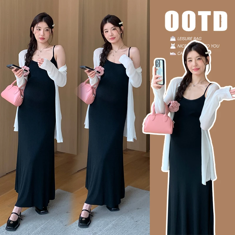 孕妇连衣裙套装夏季新款洋气宽松遮肚吊带裙+冰丝防晒上衣两件套