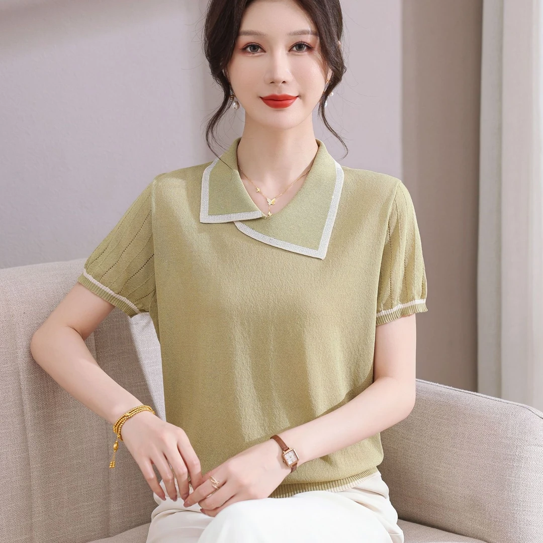 妈妈夏装冰丝短袖t恤中年女时尚薄款上衣中老年人夏季针织T恤上衣