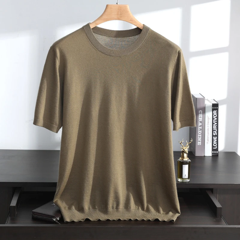 68支精纺100%纯山羊绒短袖男士圆领商务休闲宽松薄半袖针织T恤衫