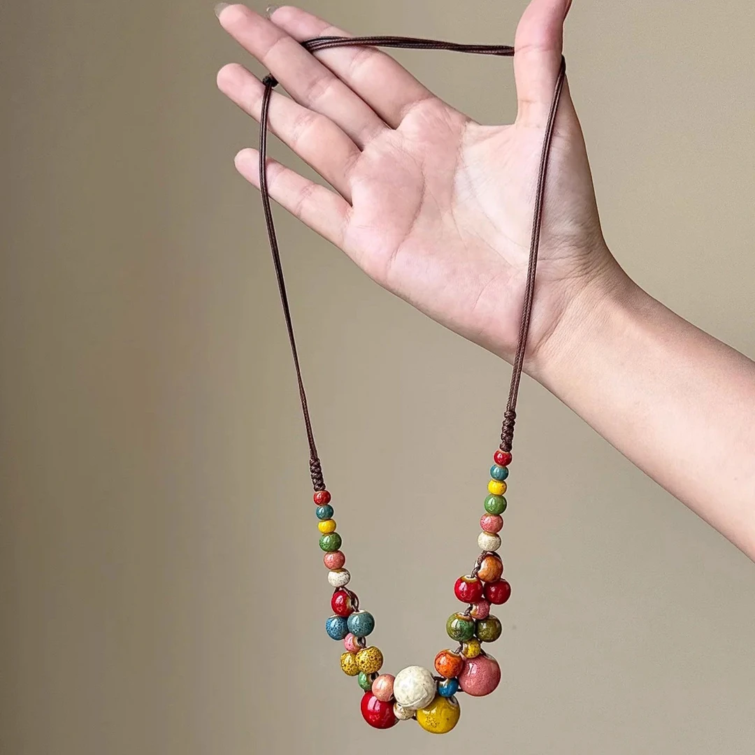 铜布艺项链 民族风彩色陶瓷串珠项链女新中式锁骨链度假风配饰潮