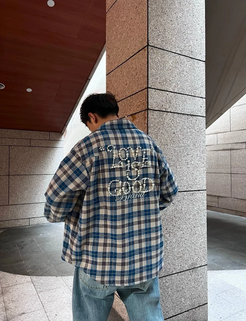 GOOD翻领格纹珍珠长袖衬衫男女同款
