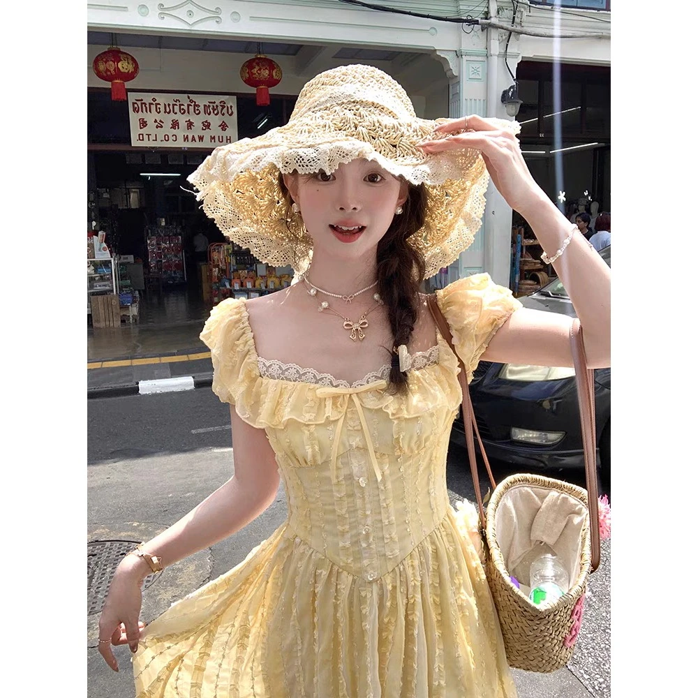 Acaine中长款黄色方领泡泡袖收腰a字连衣裙女春季法式甜美裙子